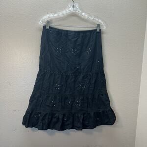 Y2K Limited Too Black Embroidered‎ Floral Tiered MIDI Whimsigoth Skirt Sz S